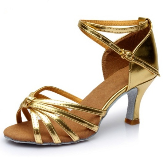 댄쓰얼랏 라틴댄스화 소프트힐 사교댄스 여성 댄스스포츠화 신고 벗기 편한 U자 고리 타입, 7CM, 245, 매듭형 골드 가죽