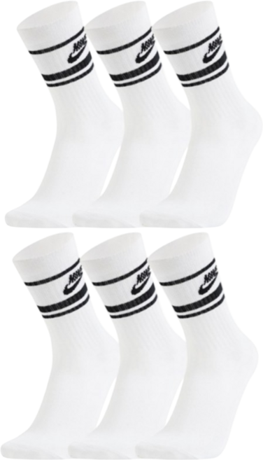 1+1 나이키 에센셜 크루삭스 남성 여성 장목 스포츠 양말, 화이트, 6개