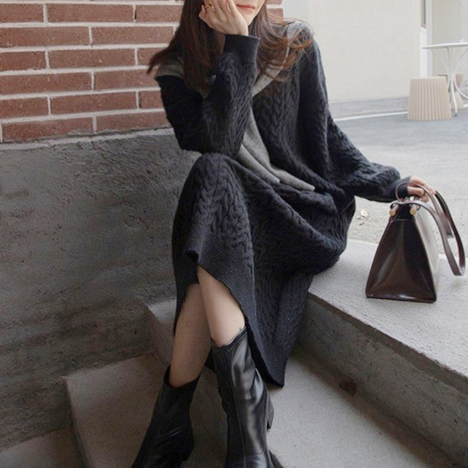 도톰 울 브이넥 롱 니트 원피스 꽈베기 여성 데일리