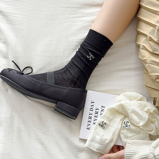 에이블탑 리본 자수 시스루 얇은 봄 여름 긴목양말 5종세트