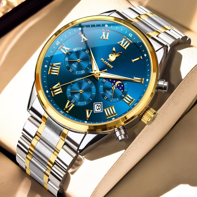 PLAYBOY 플레이보이 명품 남성 크로노그래프 손목시계 비즈니스 메탈 스트랩 방수 쿼츠 시계