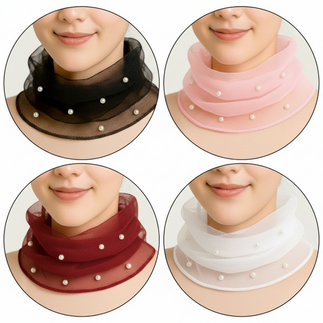 (당일발송) 사계절 다용도 쁘띠 진주 스카프 우아한 진주 스카프 시스루 넥 스카프 목주름 목보호 12색 단체선물추천