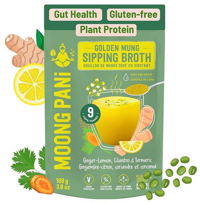 Moong Pani GOLDEN BROTH: 생강 레몬 및 강황 비건 수프 파우더 100% 천연 글루텐 프리 콩 프리 케토 친화적 쉬움 - 뜨거운 물만 추가하면 5가, 생강, 레몬, 실란트로 및 강황, 1개, 108g