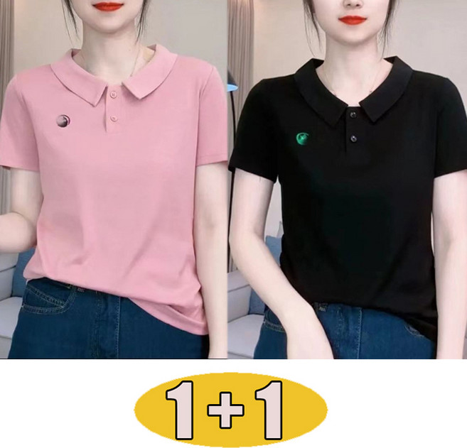 1+1 여성 여름 단정한 카라넥 반팔 니트 티셔츠 오피스룩 데일리 면혼방 기본핏 상의 출근용 스타일
