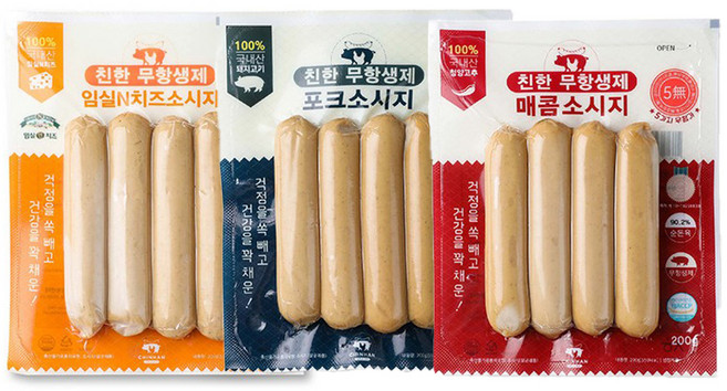친한 소시지 3가지 맛200g 무항생제 소세지 고소한맛/매콤한맛/치즈맛, 1) 무항생제 포크 소시지 200g, 1개, 200g