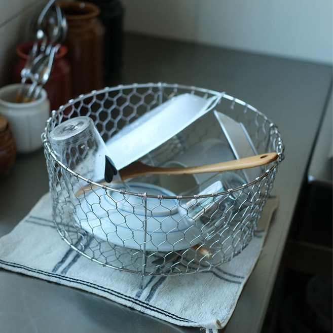 원형 철제 바구니 빈티지 철망 바스켓 설거지통 다용도 철제바구니, 1개, 실버 직경 25CM