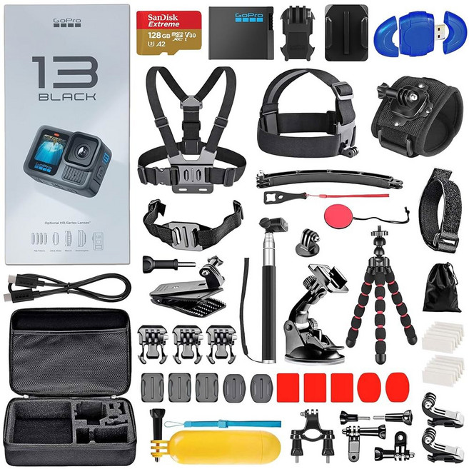 HERO13 ( 13) 블랙 - 5.3K 27MP 사진 라이브 스트리밍 웹캠 안정화 + 128GB 카드 카드 리더기 50피스 액세서리 키트 방수 액션 카메라 번들, 1개