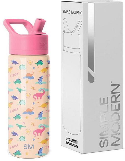 Simple Modern 아동용 서밋 빨대 뚜껑이 있는 물병 | 414ml(14온스) 스테인리스 스틸 컵 단열 텀블러 유아 학교용 | 다이노사우라, -Dinosaura