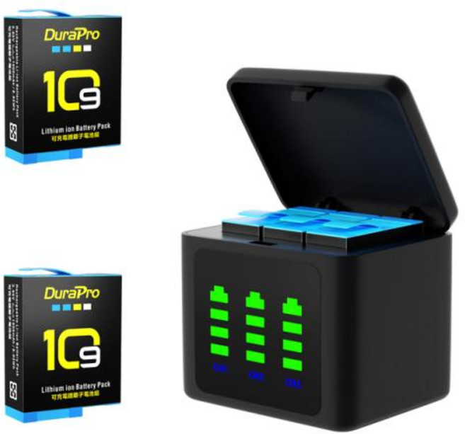 DuraPro 카메라용 배터리 및 LED 3 슬롯 충전기 고프로 히어로 9 고프로 10 히어로 11 히어로 12 카메라용 C타입 포트 포함 1860mAh, 1.2 Battery Set, 1개