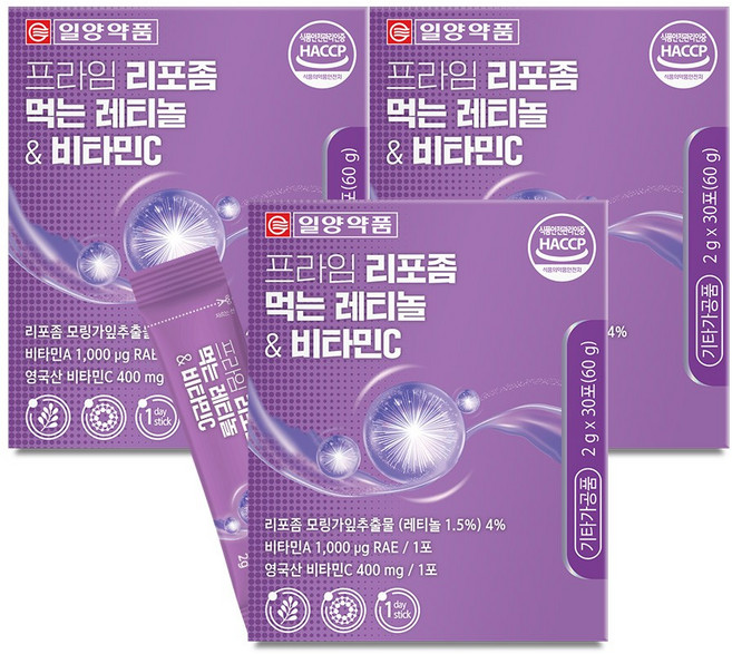[단독특가] 일양약품 프라임 리포좀 먹는 레티놀 비타민C / 저분자 콜라겐 히알루론산 엘라스틴, 3박스, 60g