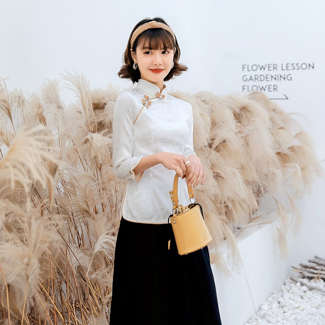 單戀 古典簡約唐裝上衣 優質提花棉七分袖旗袍式改良時尚