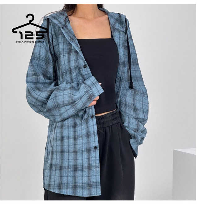 바이일이오 링클 후드 오버핏 루즈 체크 셔츠 남방