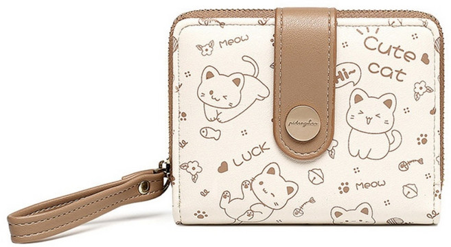 제너럴케이 여자 반지갑 고양이캐릭터 버튼 지퍼지갑