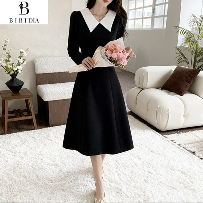 비비디아 여성 봄가을 벨트 플레어 배색 화이트 카라 하객룩 오피스룩 원피스 데일리룩(벨트포함)5575