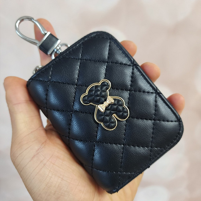 퀼팅 가죽 테디곰 스마트 자동차 키지갑 차키지갑 QTECAK, 블랙