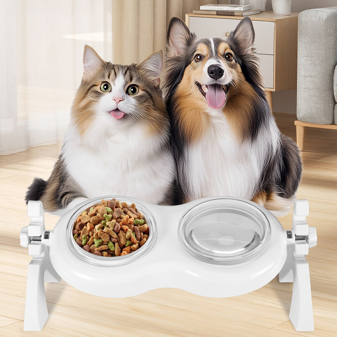 웰스타 강아지 고양이 밥그릇 2구 높이조절 목 보호 식기+식탁 세트, 1세트, 화이트