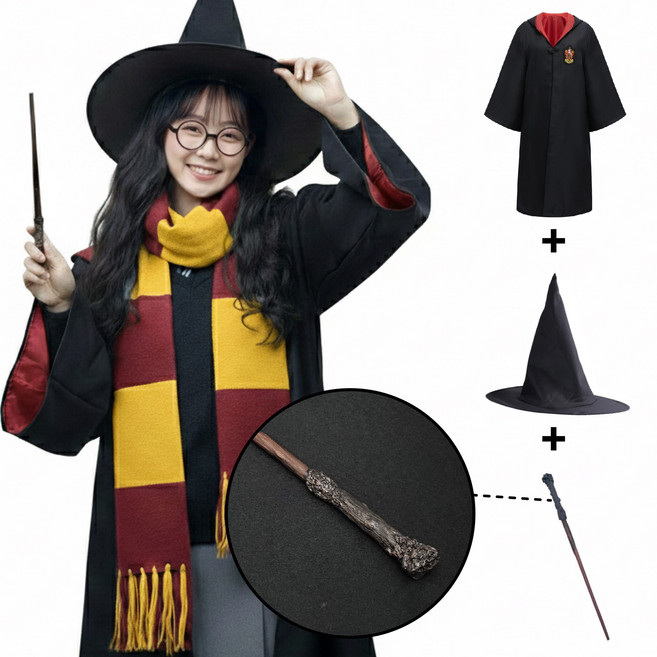 [청춘교복] 고퀄리티 해리포터 지팡이 3종세트 로브+모자+지팡이 코스프레 할로윈 마법사 졸사 졸업사진