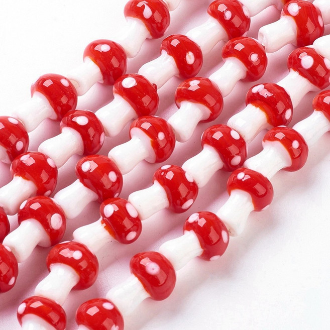 25개 가을 테마 수제 램프워크 비즈 버섯색 빨간색 16x12mm 구멍 크기:1mm