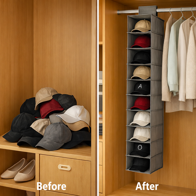 호담즈 공간절약 헹거용 10단 모자 정리함, 그레이, 1개