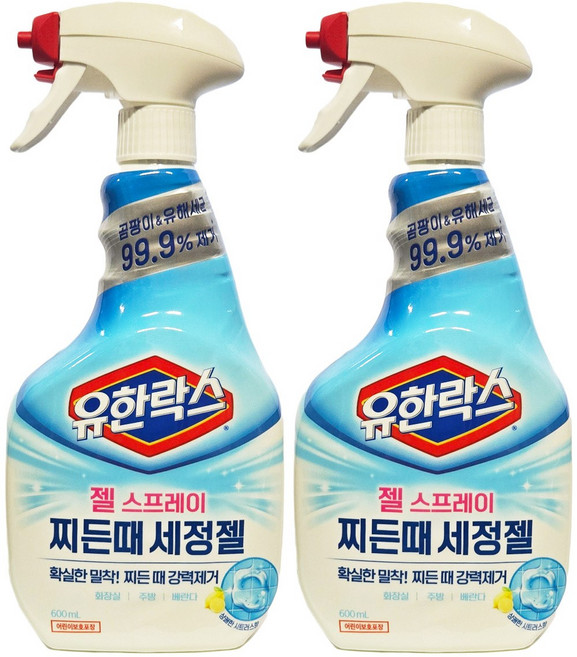유한락스 젤 스프레이 찌든때 세정젤 곰팡이 유해세균 99.9% 제거, 600ml, 2개