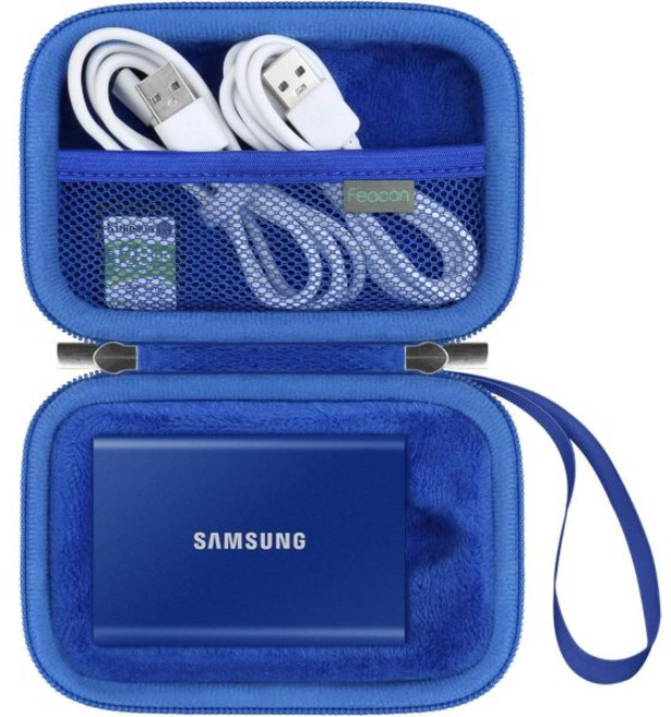 삼성 T7 실드 터치 휴대용 SSD 외장 솔리드 스테이트 드라이브 500GB 1TB 2TB 4TB - USB 3.0 3.2 여행용 케이스 보호 커버 저장 가방 케이스만 검정, Blue, 1개
