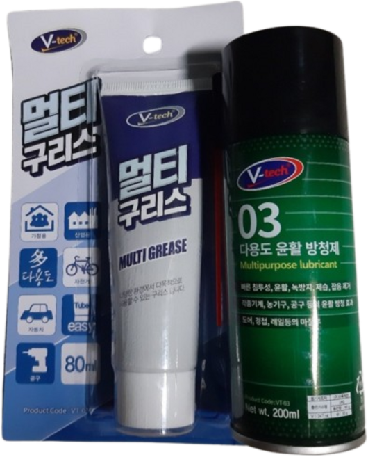 Vtech 녹슬고 뻑뻑한 곳 끼익 소리 제거 방청윤활제 200ml + 멀티구리스 80ml 세트, 1세트