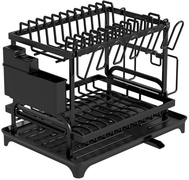 투데이리빙 2단 식기건조대 그릇 트레이 접시 냄비 정리대 설거지 설겆이 건조 정리 보관함 싱크대 주방 씽크대 물빠짐 수납, 1개, 블랙