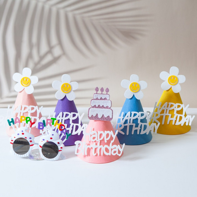 생일파티 소품 펠트 꼬깔모자 5p + 선글라스 세트, 화이트, 1세트