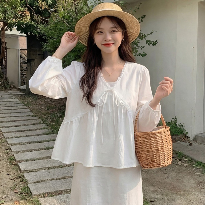 B177-7 로페츠 빅사이즈 여성 레이스 리본 브이넥 블라우스 봄가을용