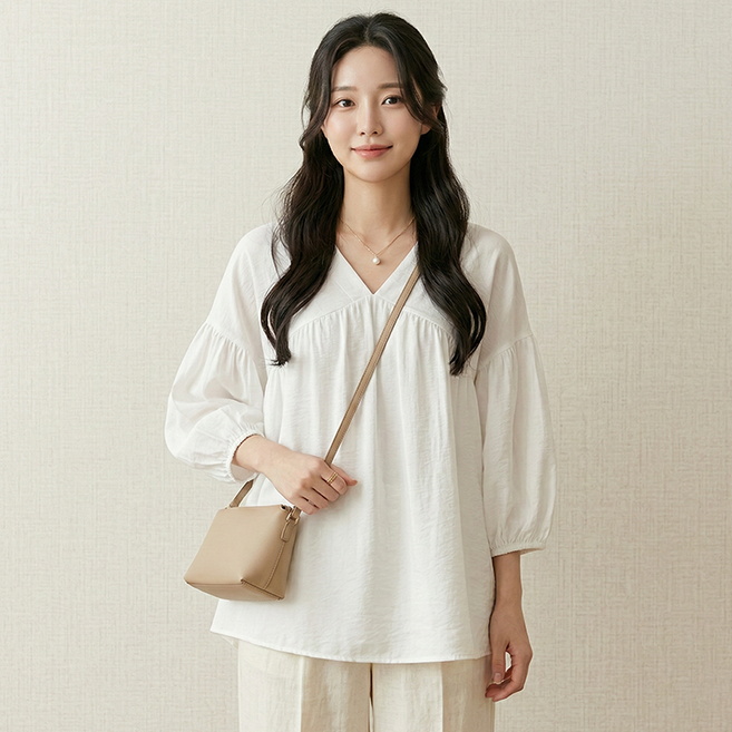 데일로엔 여성 V넥 7부 셔링 셔츠 블라우스