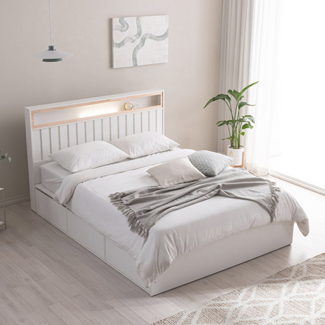 [삼익가구]히노 편백 LED조명 빅수납 침대(7존 독립K), 화이트