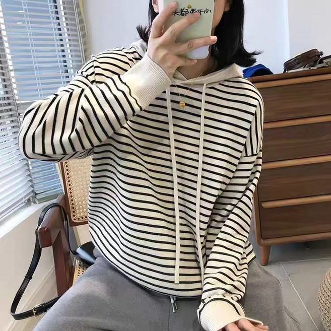 Seofst 여성 봄가을 빅사이즈 스트라이프 루즈핏 긴팔 맨투맨