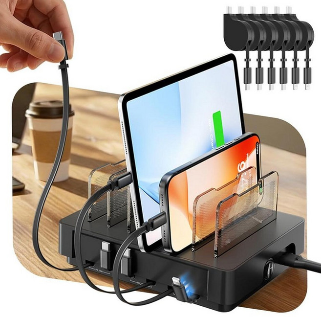 SooPii HomeHub H1 여러 장치용 충전 스테이션 업그레이드된 6포트 데스크탑 고속 충전기 6개의 접이식 케이블(4*C+2*iP) 아이폰/태블릿용 60W PD 충, Black