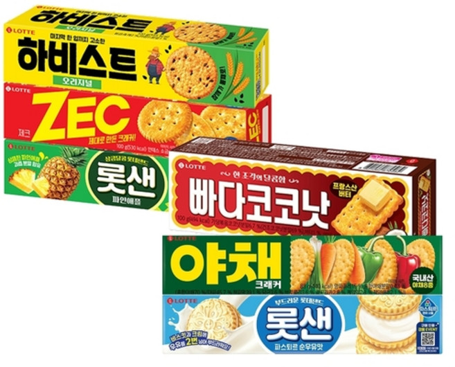 롯샌 순우유맛 105g x1+롯샌x1+빠다x1+제크x1+하비스트x1+야채크래커x1, 1세트, 593g