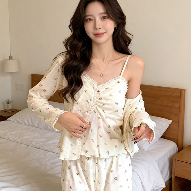 Novah 예쁜 여성 파자마 세트 캡내장 수면 잠옷 긴바지 가디건 나시