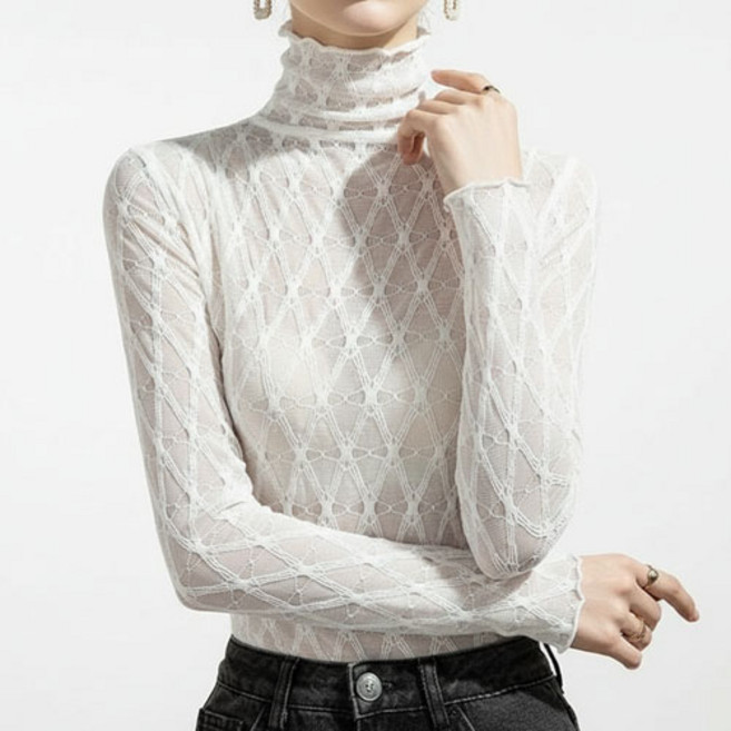 여성 시스루 레이스 하이넥 이너 긴팔 티셔츠 W819