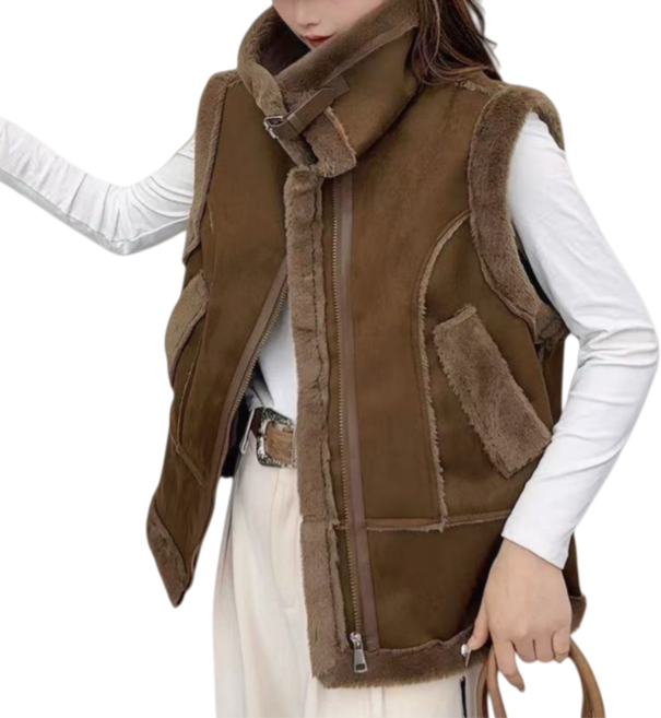 Makone 여성 겨울 스웨이드 버클 도톰한 보온 집업 퍼 조끼