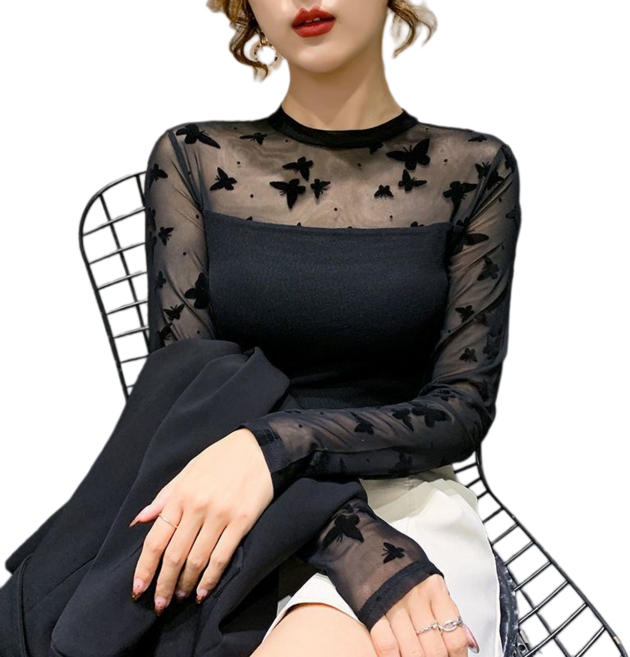 Makone 여성 라운드넥 망사패치 시스루 슬림핏 메쉬 심플 예쁜 이너 티셔츠