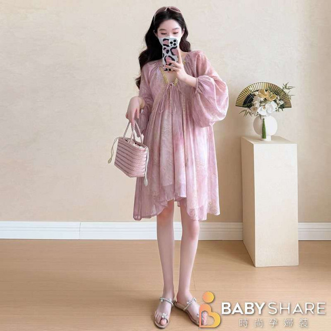 BabyShare雪紡粉色長袖短版孕婦洋裝【LAL002A1R]