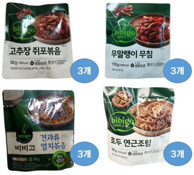 비비고 간편반찬 고추장쥐포볶음 무말랭이무침 견과류멸치볶음 호두연근조림 4종세트 가정간편식 밀키트, 3세트, 320g