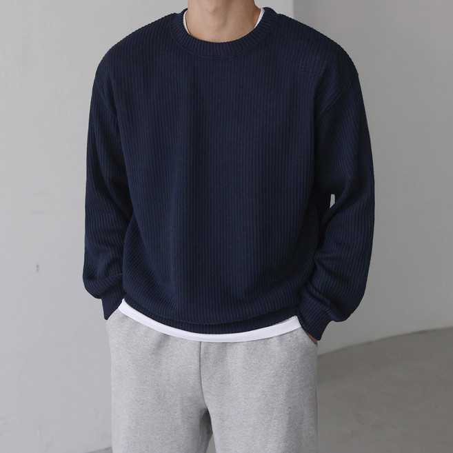 베이직바이블 남자맨투맨 오버핏 니트 골지 스판 기모 긴팔 스웨터 코디