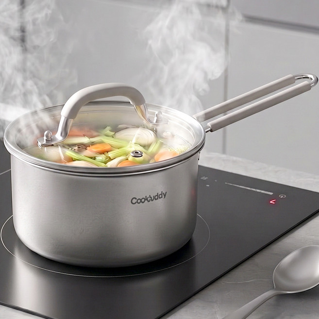 CookBuddy 라면냄비 304 스텐 3중 무연마제 인덕션 냄비 편수냄비 이유식 냄비, 1개, 실버, 16cm