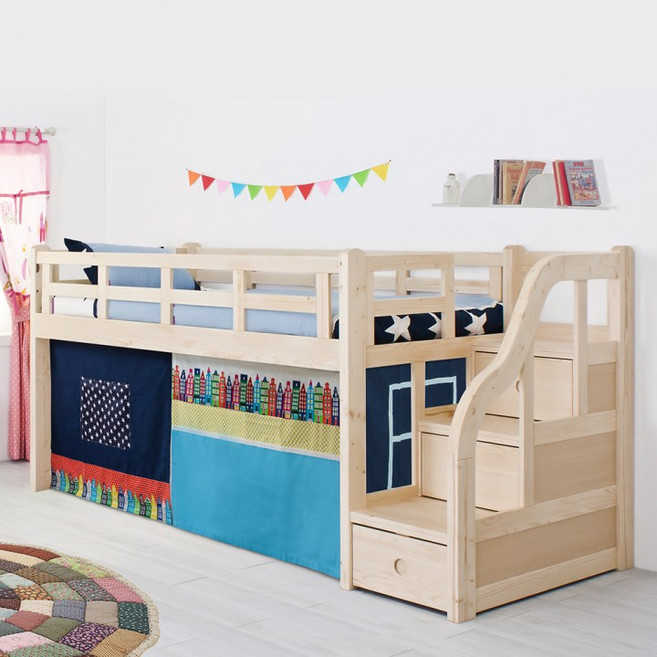 [이월재고/땡처리할인가] 에보니아 미키 키낮이 벙커침대 (매트옵션선택/백프로원목/안전한계단형), 내추럴_매트제외