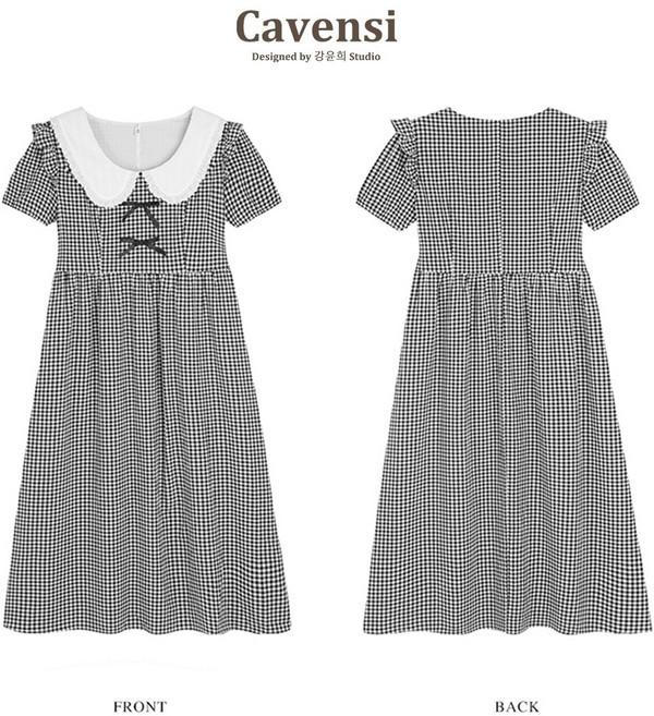 Cavensi 格子娃娃領短袖連身裙, 復古黑白,M（建議40-50公斤 ）