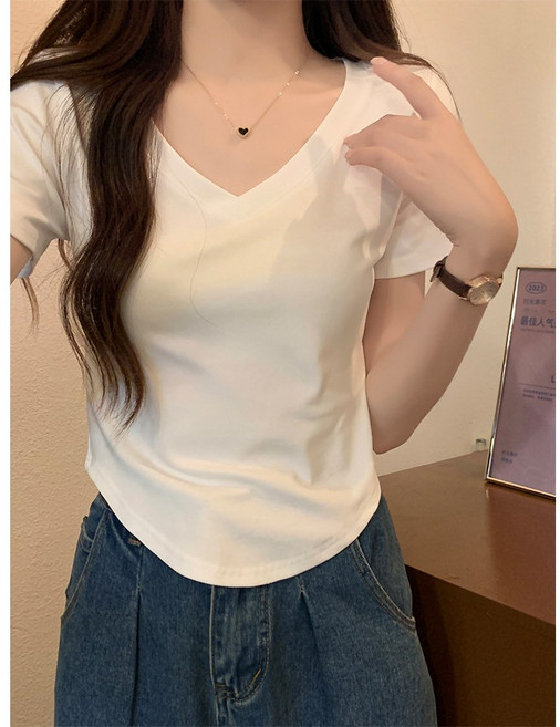 빠뻐을뻔 여성 정어깨 반팔 라운드/V넥 깔끔 슬림 라운드 밑단 티셔츠