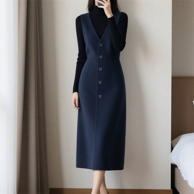 AOKADA 여성 가을 겨울 슬림핏 브이넥 민소매 조끼 롱 정장 원피스