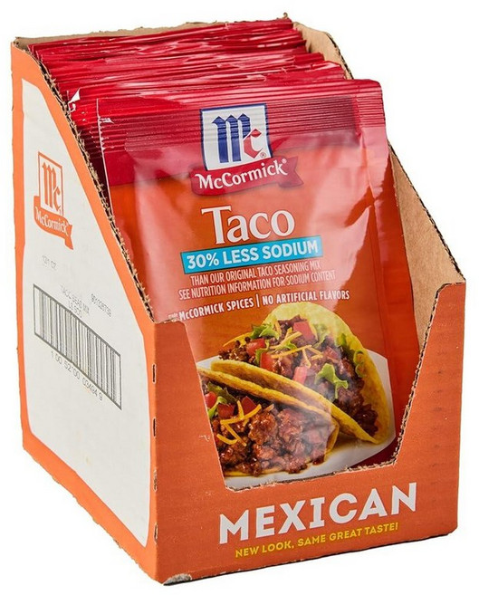 McCormick 30% 적은 나트륨 마일드 타코 시즈닝 믹스 28.3g(1온스) (12팩) 351189, 12개, 28.3g