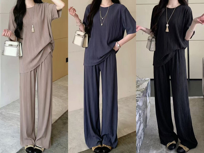 여성 시원한 플리츠 주름 반팔 팬츠 세트 냉감 와이드 빅사이즈