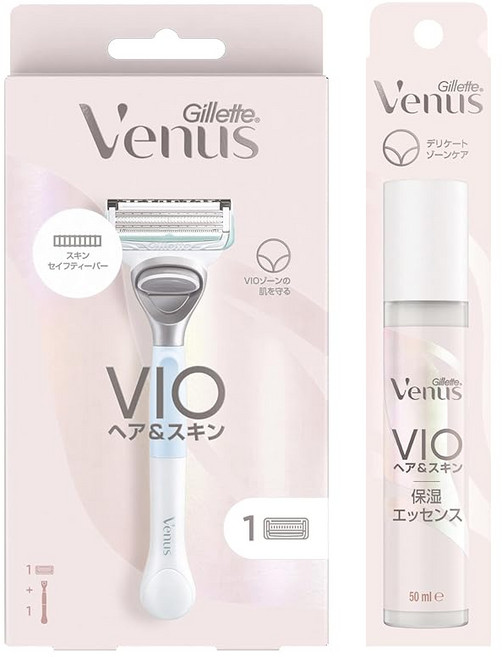 대량 구매 질레트 비너스 VIO 헤어 & 스킨 용 면도기 본체 교체날 1개 포함 + 보습 에센스 50mL 세트