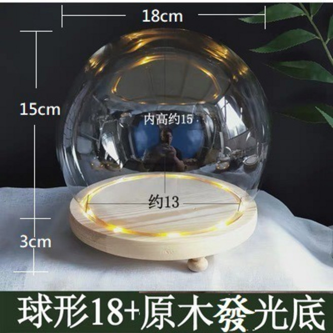L-one - 永生花/乾燥花/微景觀生態瓶 浪漫裝飾, φ18cm球形罩+原木發光底座,含電池